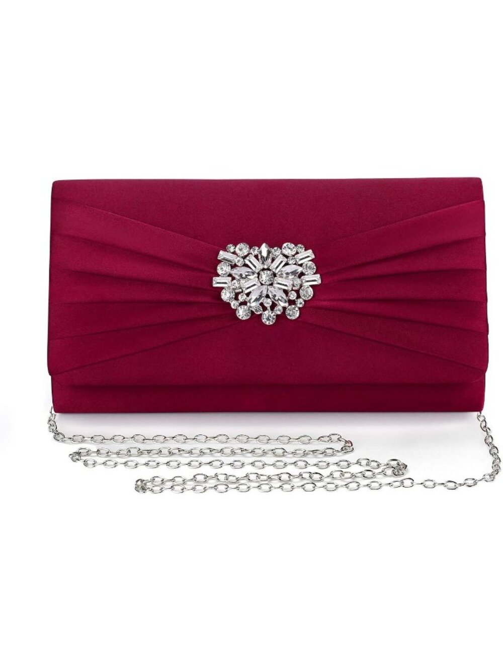 Women's Burgundy Satin Rhinestone Clutch Prom Detachable Chain Evening Bag